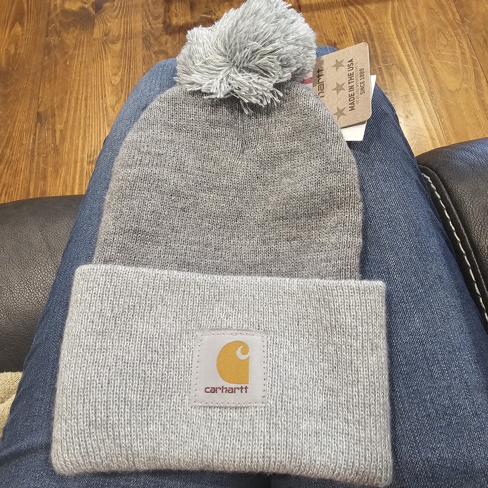 Carhartt Cuffed Beanie Gray With Fuzz Ball NWT